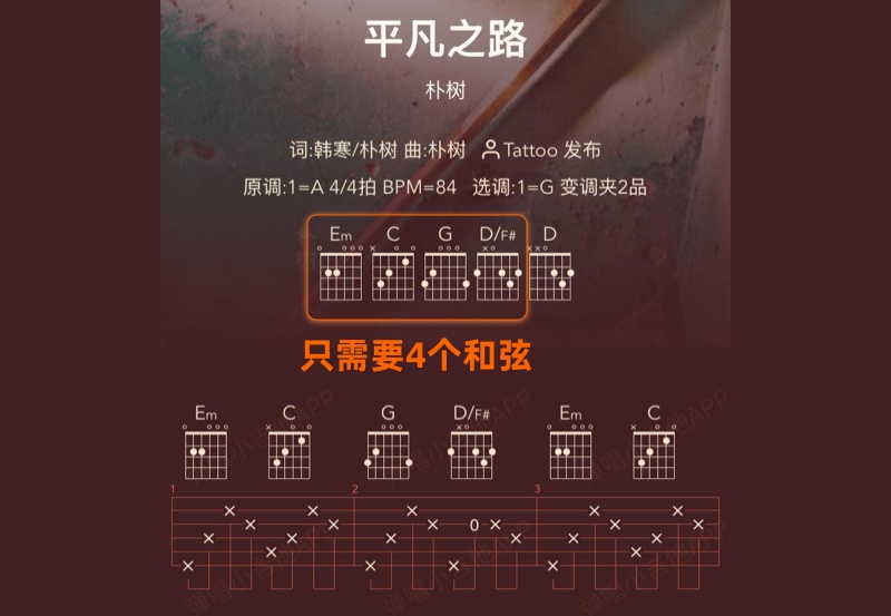 平凡之路吉他谱中的和弦 平凡之路吉他谱中的和弦